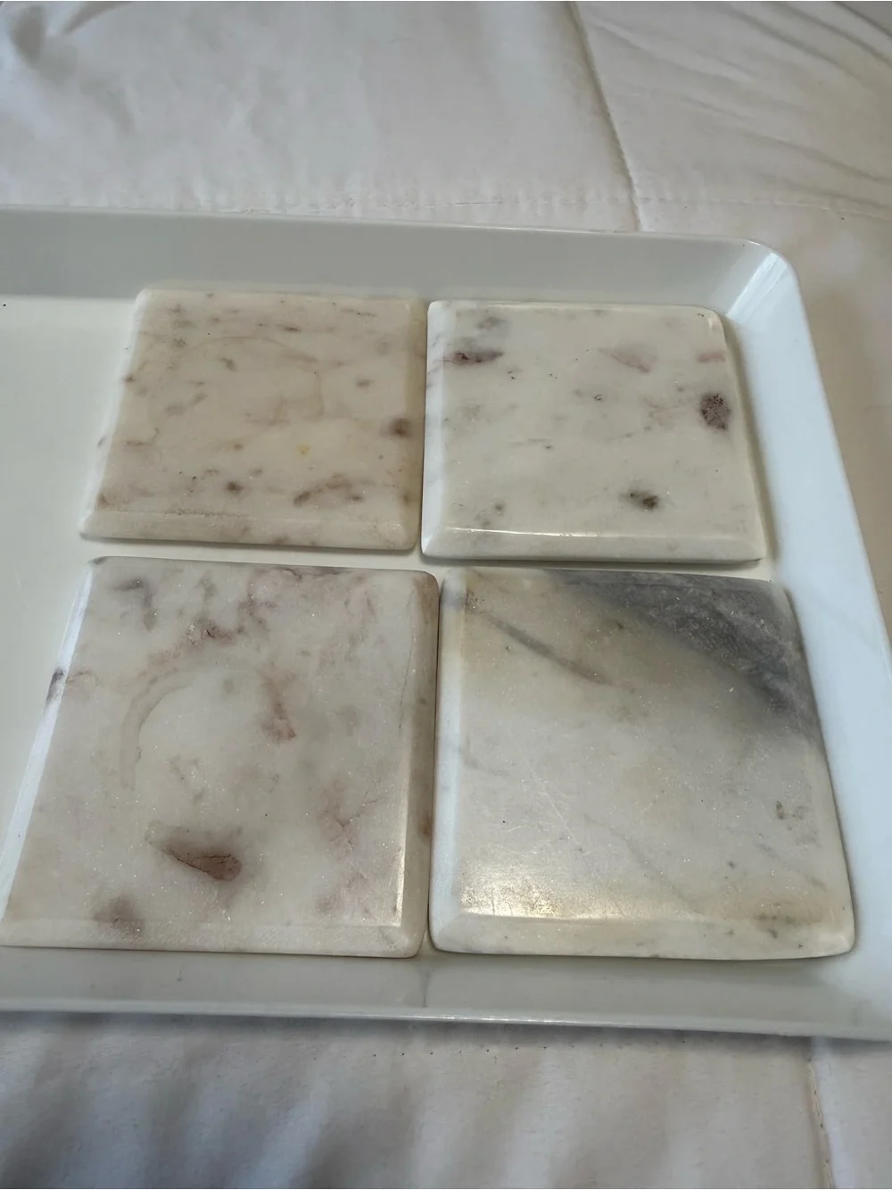 Set of 4 White Marble Square Coasters - Natural Beige Veining